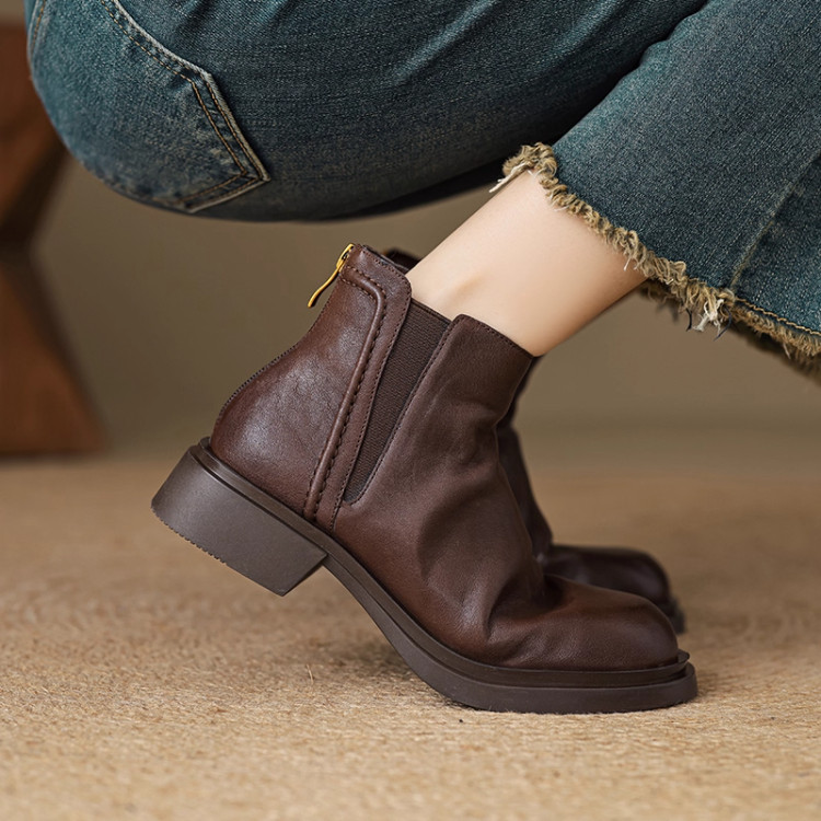 2025秋冬新款粗跟真皮切尔西短靴英伦风复古马丁靴百搭圆头瘦瘦靴,女鞋,切尔西靴,淘宝优惠券,粉丝福利购,淘宝优惠卷