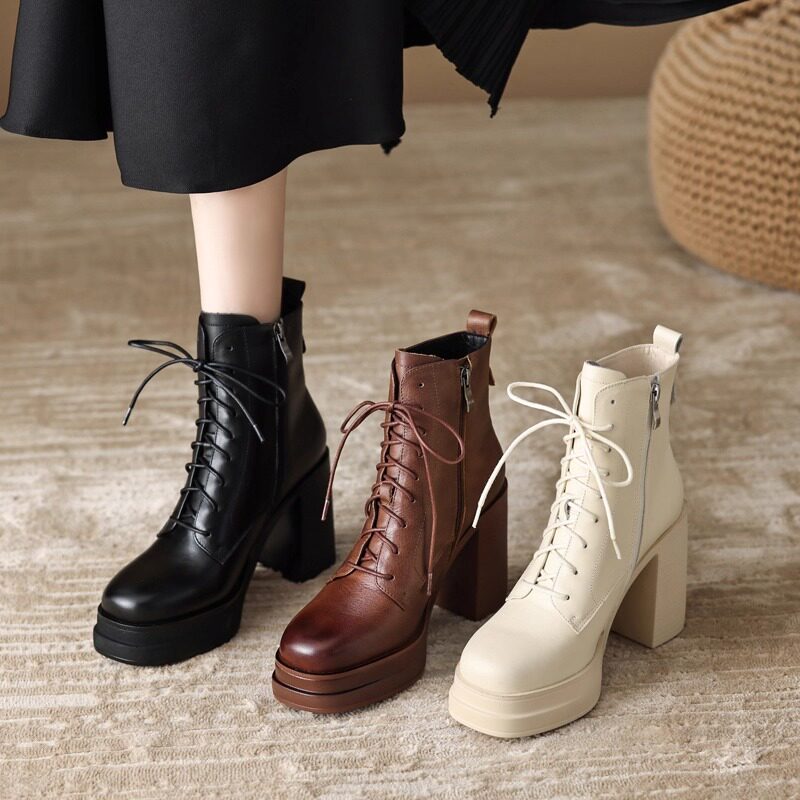 复古简约厚底粗跟系带马丁靴2025新款小个子轻熟风超高跟百搭短靴