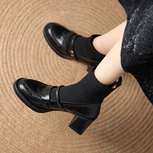 7.5cm超静音 真皮短靴女粗跟瘦瘦靴高跟弹力袜子靴 英伦风秋冬新款