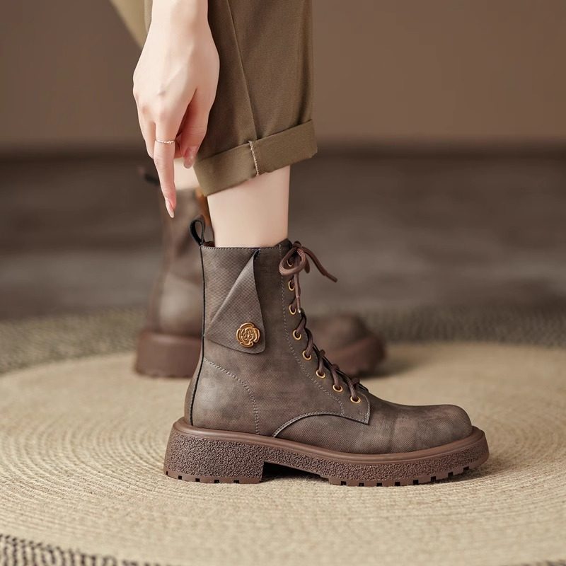 秋冬新款女复古圆头厚底粗跟系带马丁靴英伦风百搭工装侧拉链短靴,女鞋,马丁靴,淘宝优惠券,粉丝福利购,淘宝优惠卷
