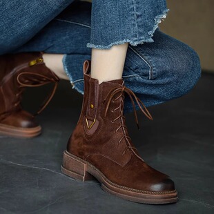 甜酷~英伦风粗跟复古风圆头马丁靴女棕色系带皮带扣金属秋冬短靴
