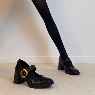 黑色厚底单鞋 英伦风方头静音底玛丽珍鞋 女一字带金属扣粗跟乐福鞋