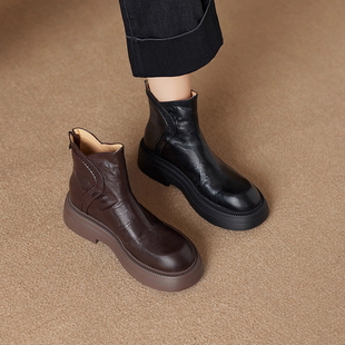 通勤英伦风真皮圆头后拉链马丁靴女百搭复古厚底短靴羊皮切尔西靴
