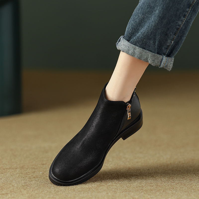 STUDDED SHORT CHELSEA BOOTS WOMENS FLAT ROUND TOE GENUINE VINTAGE SIDE ZIPPER LOW HEEL FRENCH BOOTIES ANKLE BOOTS