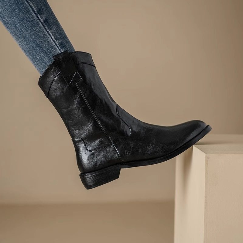 2025新款粗跟西部牛仔靴子真皮女秋冬套筒平底短靴中筒英伦马丁靴,女鞋,时装靴,淘宝优惠券,粉丝福利购,淘宝优惠卷