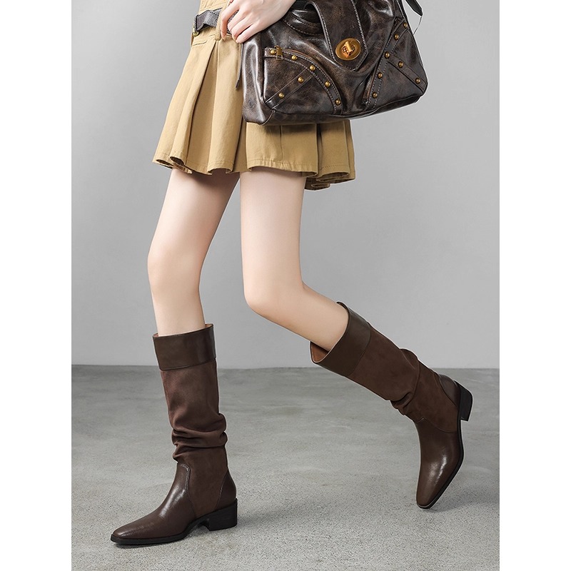 巨显腿瘦~美拉德方头褶皱堆堆靴