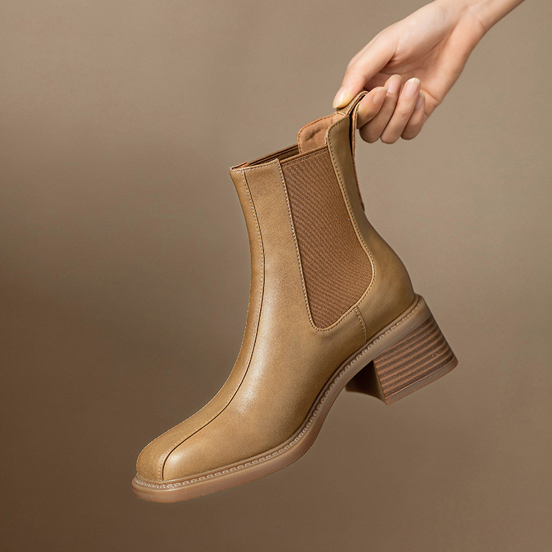 FALL-WINTER 2024 LEATHER SQUARE TOE CHELSEA BOOTS WOMENS BLOCK HEEL MARTIN BOOTS WOMENS BRITISH-STYLE SHORT HEELED HIGH HEELED BOOTS