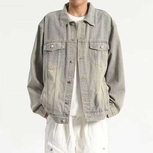 黄泥染复古牛仔外套男春秋宽松款潮牌翻领大码工装夹克休闲牛仔衣