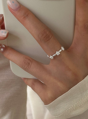 s925纯银简约小清新花朵戒指女日韩小众设计蝴蝶结素圈开口食指戒