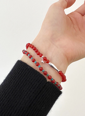 红玛瑙磷灰石相间串珠手链女红蓝撞色弹力绳手环通体纯银锦鲤手饰