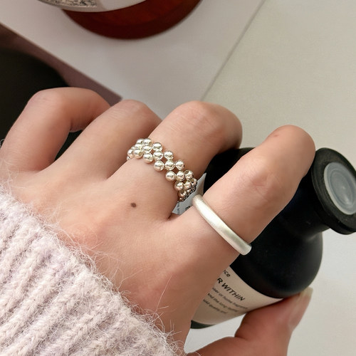 S925通体纯银小众多层串珠戒指女极简百搭米珠食指戒足银素圈指环