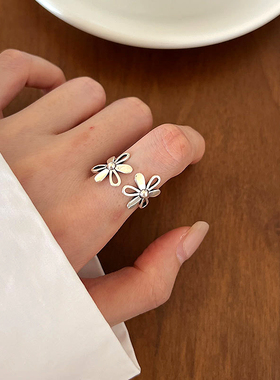 韩国东大门通体S925纯银复古做旧花朵开口戒指女简约个性潮食指戒
