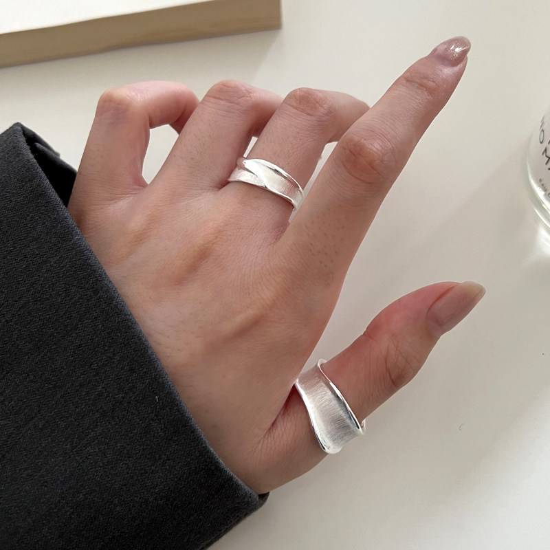 日韩简约宽戒指女通体纯银拉丝磨砂开口食指戒简约小众冷淡风指环