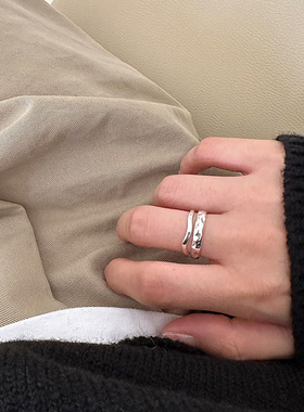 通体925纯银双层戒指女不规则纹理设计ins高级感开口可调节食指戒