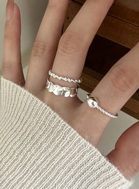 s925纯银鱼鳞戒指女圆珠波浪简约个性设计小众细款开口可调节指环