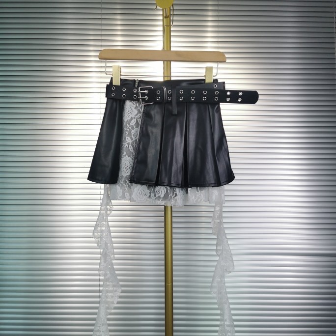 高腰显瘦开叉蕾丝拼接丝带PU皮裙百褶裙女春秋新款半身短裙配皮带,女装/女士精品,半身裙,淘宝优惠券,粉丝福利购,淘宝优惠卷