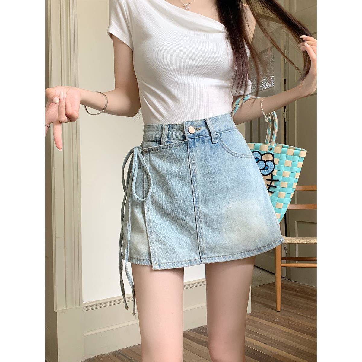 大码复古牛仔半身裙女夏季胖mm防走光高腰显瘦包臀a字短裙裤子