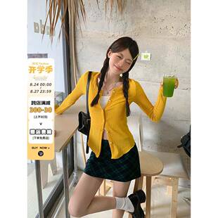 宋正恩黄色针织开衫女早秋新款薄款修身时尚韩系防晒长袖上衣外套