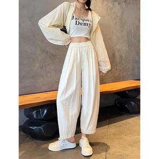 大码 白色冰丝九分裤 子女春夏高腰防蚊防晒宽松工装 哈伦萝卜直筒裤