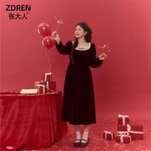 连衣裙 胖妹妹mm显瘦气质复古风丝绒裙方领收腰长款 张大人大码 女装
