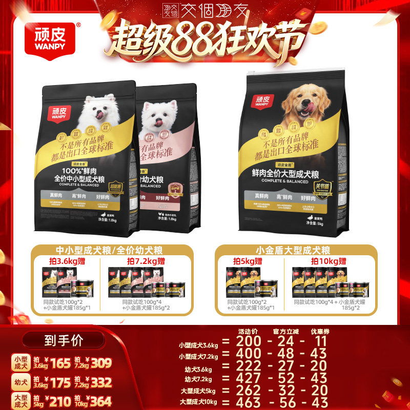【交个朋友超级88】Wanpy顽皮小金盾100%鲜肉中小型成犬幼犬狗粮图片