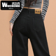 女秋冬季 加绒新款 显瘦老爹高街窄版 黑色牛仔裤 直筒高腰裤 子