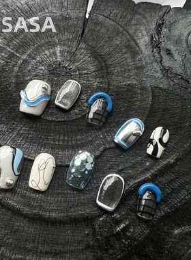 HESASA|ins小众高级感设计手绘猫眼【蓝调】定制短款纯手工穿戴甲