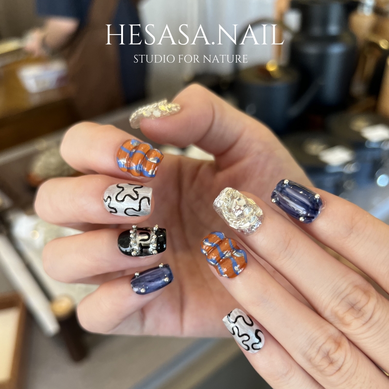 HESASA|小众设计师混搭撞色立体波纹短款纯手绘显白纯手工穿戴甲