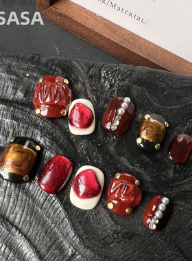 HESASA|ins小众设计风纯手绘美甲安可拉红【情人节】纯手工穿戴甲