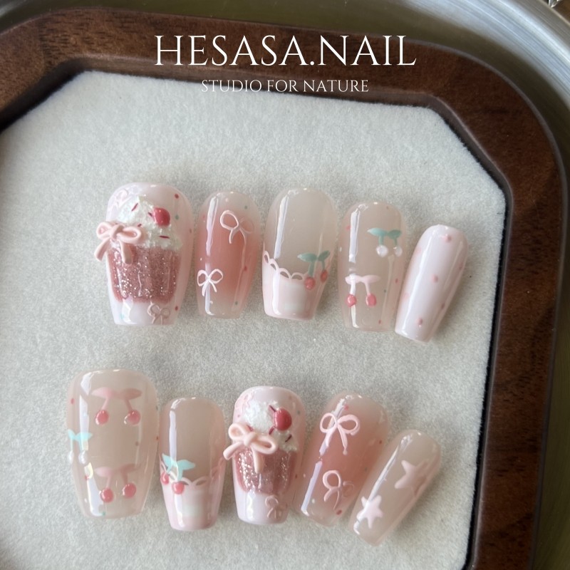 HESASA小众设计粉嫩少女感立体蝴蝶手绘美甲【芭比】纯手工穿戴甲