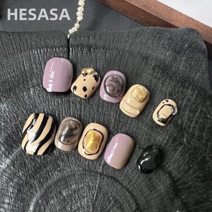 HESASA 美甲渐变立体纯手工穿戴甲 小众原创设计高级感温柔风短款