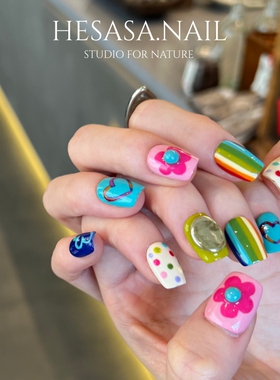 HESASA原创设计潮妹糖果色绘画短款美甲【今年流行】纯手工穿戴甲