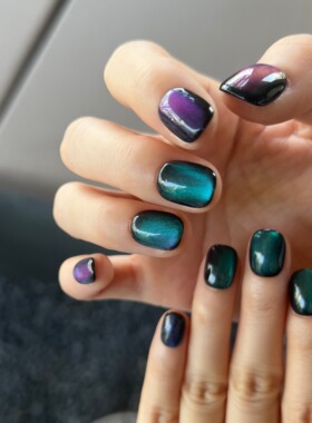 HESASA|新款蓝紫双色纯猫眼短款豆豆成品美甲爆闪纯手工穿戴甲