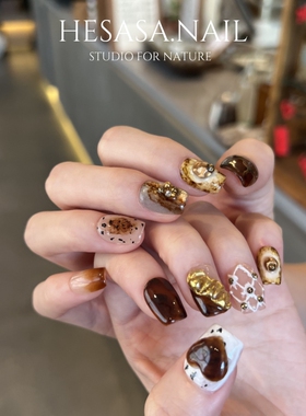 HESASA高级感焦糖色系小众设计短款立体造型纯手绘手工显白穿戴甲