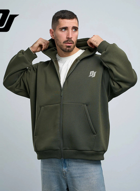 DJAY 军绿色拉链连帽外套男 加绒工装风上衣 秋冬宽松保暖开衫