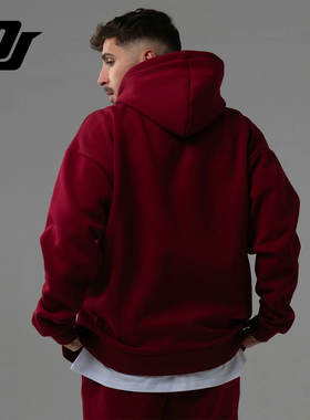 DJAY 酒红色连帽卫衣男 加绒复古美式上衣 秋冬宽松保暖套头衫