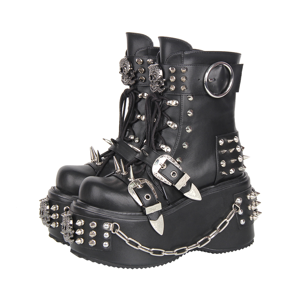 2025 PUNK朋克圆头松糕厚底重工系带铆钉短靴Q213有链子