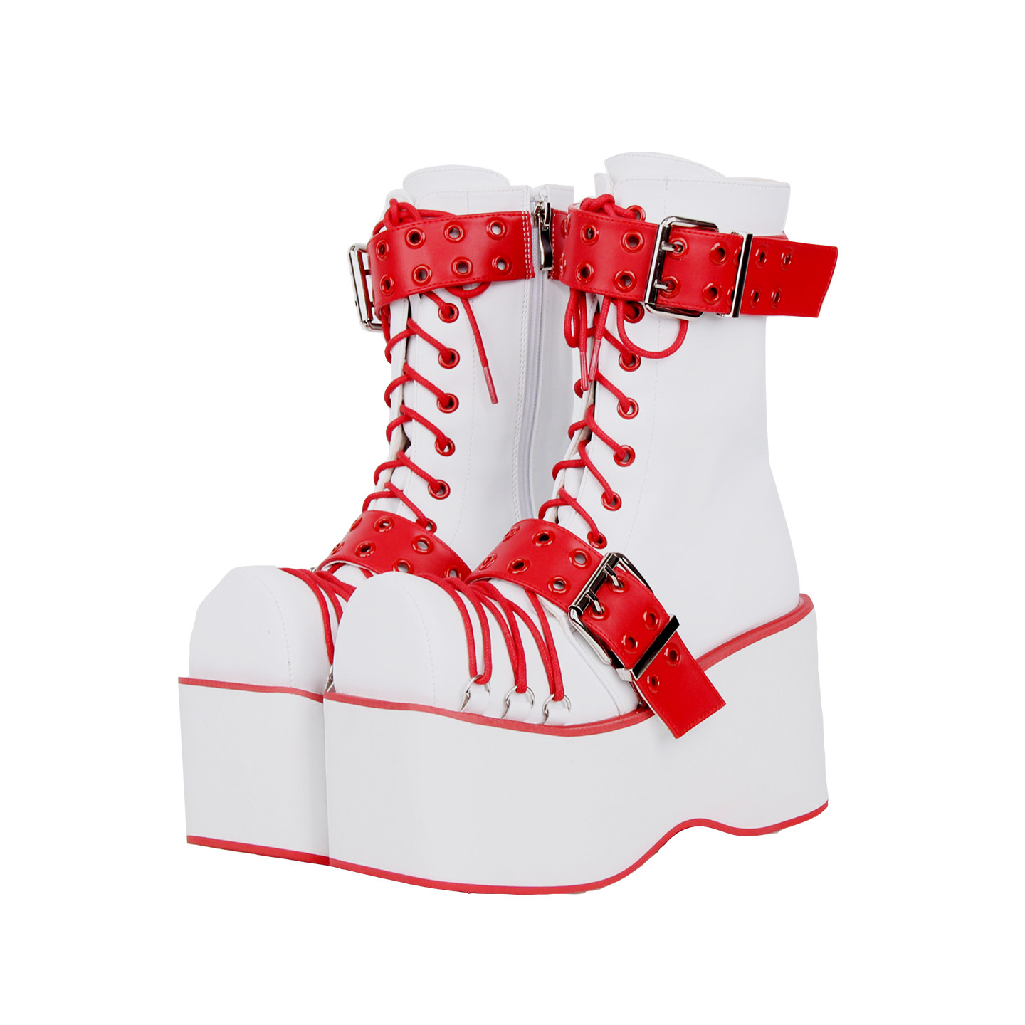 2026 朋克PUNK特殊头型皮带扣侧拉链系带松糕厚底中筒靴M3733,女鞋,时装靴,淘宝优惠券,粉丝福利购,淘宝优惠卷