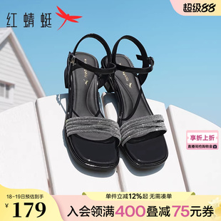 红蜻蜓粗跟凉鞋女夏季配裙子的鞋子法式气质水钻一字高跟鞋女鞋