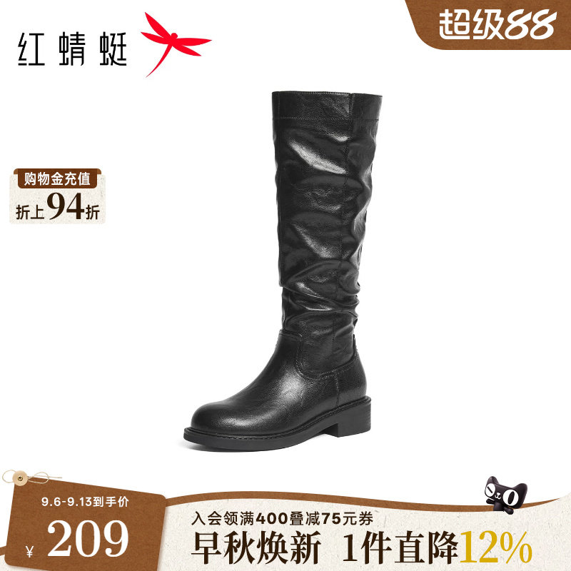 红蜻蜓弹力靴女款秋冬女鞋粗跟长筒靴通勤骑士靴复古显瘦堆堆靴女图片