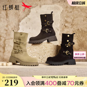 红蜻蜓游牧风西部靴秋冬女鞋 厚底粗跟中筒靴黑色瘦瘦靴旅游牛仔靴