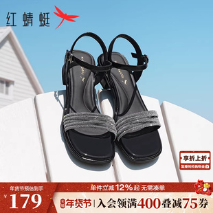 红蜻蜓粗跟凉鞋女夏季配裙子的鞋子法式气质水钻一字高跟鞋女鞋