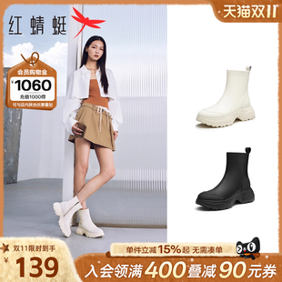 红蜻蜓白色短靴女靴子秋冬新款 厚底运动中筒靴子增高弹力瘦瘦靴