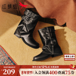 红蜻蜓骑士靴女秋冬女鞋粗跟中筒棕色靴子裤管堆堆靴旅游西部靴女