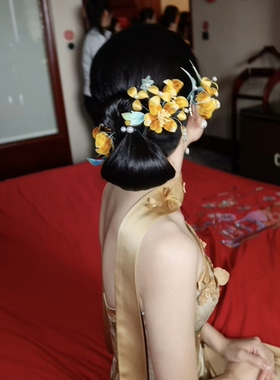 新中式国风发饰非遗毛绒绒花金色绿色撞色发簪汉服新娘配饰品发夹