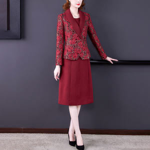 RM21285#红色小香风套装裙两件套秋装新款2023大码女装喜婆婆洋气修身套裙