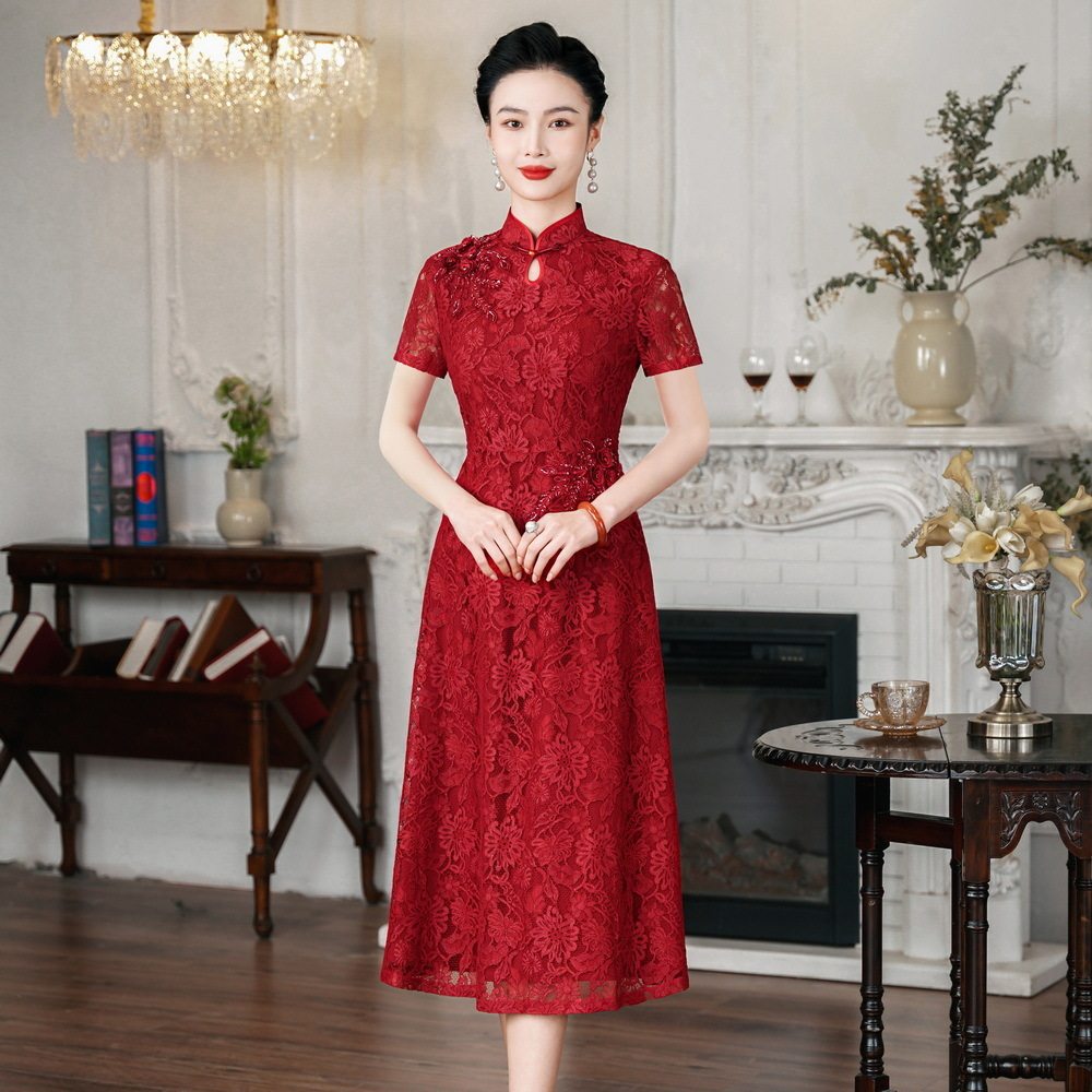 2026夏季新款蕾丝旗袍中式春秋女长款时尚复古改良结婚敬酒连衣裙