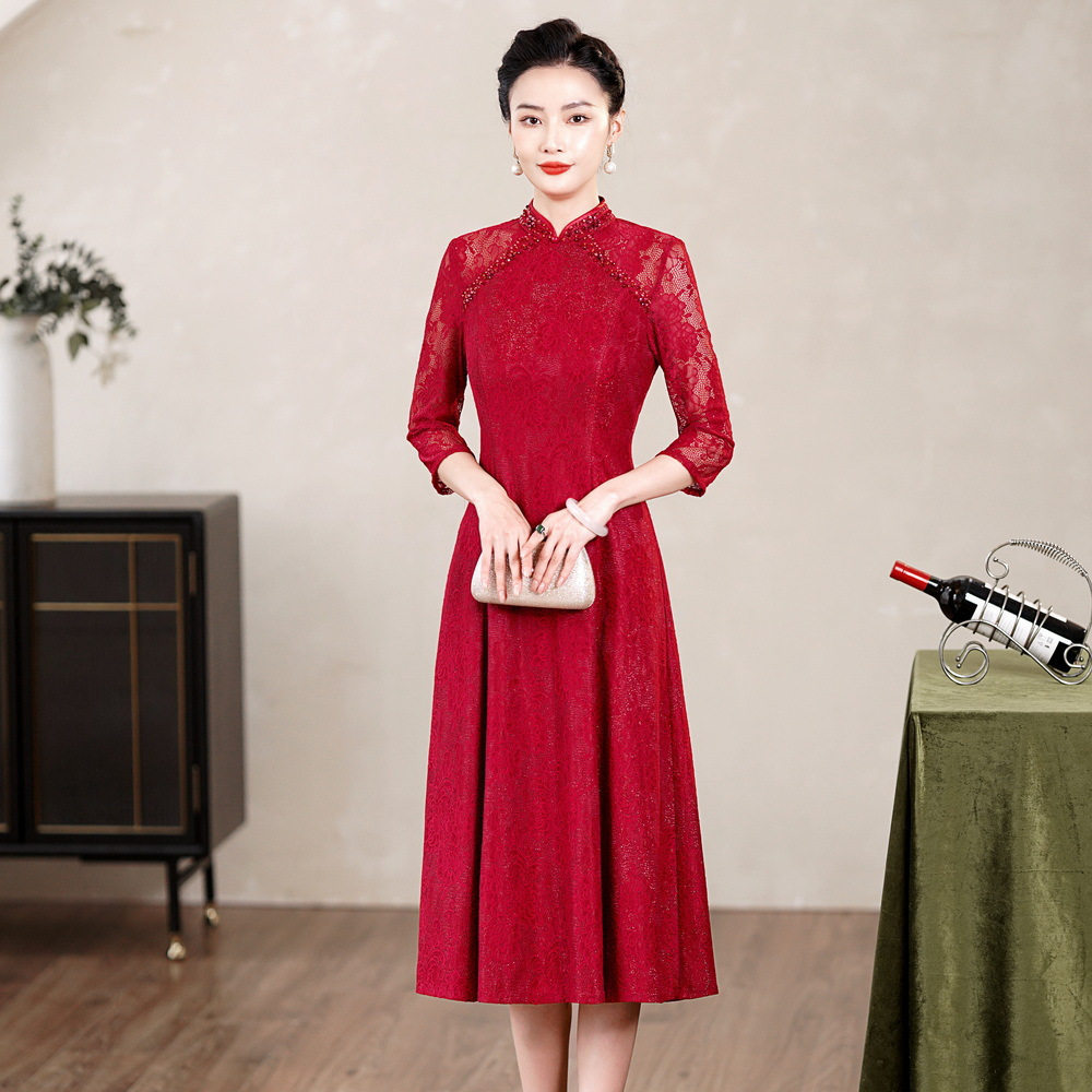 鸿韵绣2026新款蕾丝旗袍旗袍春秋女中国风改良大摆中长订婚宴服装