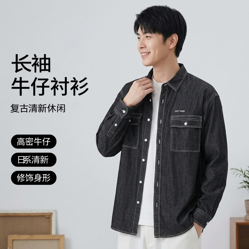 跨境长袖牛仔衬衫2026春夏开衫衬衣修身日系复古清新休闲寸衣年轻