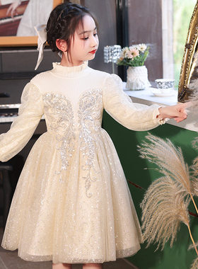 女童连衣裙冬装24年新款洋气儿童加绒亮片毛裙女孩小香风公主裙